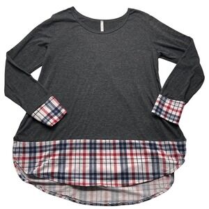 Goo Yoo Womens Gray Plaid Mixed Media Tunic Top Long Sleeve XL/L‎ Made in USA